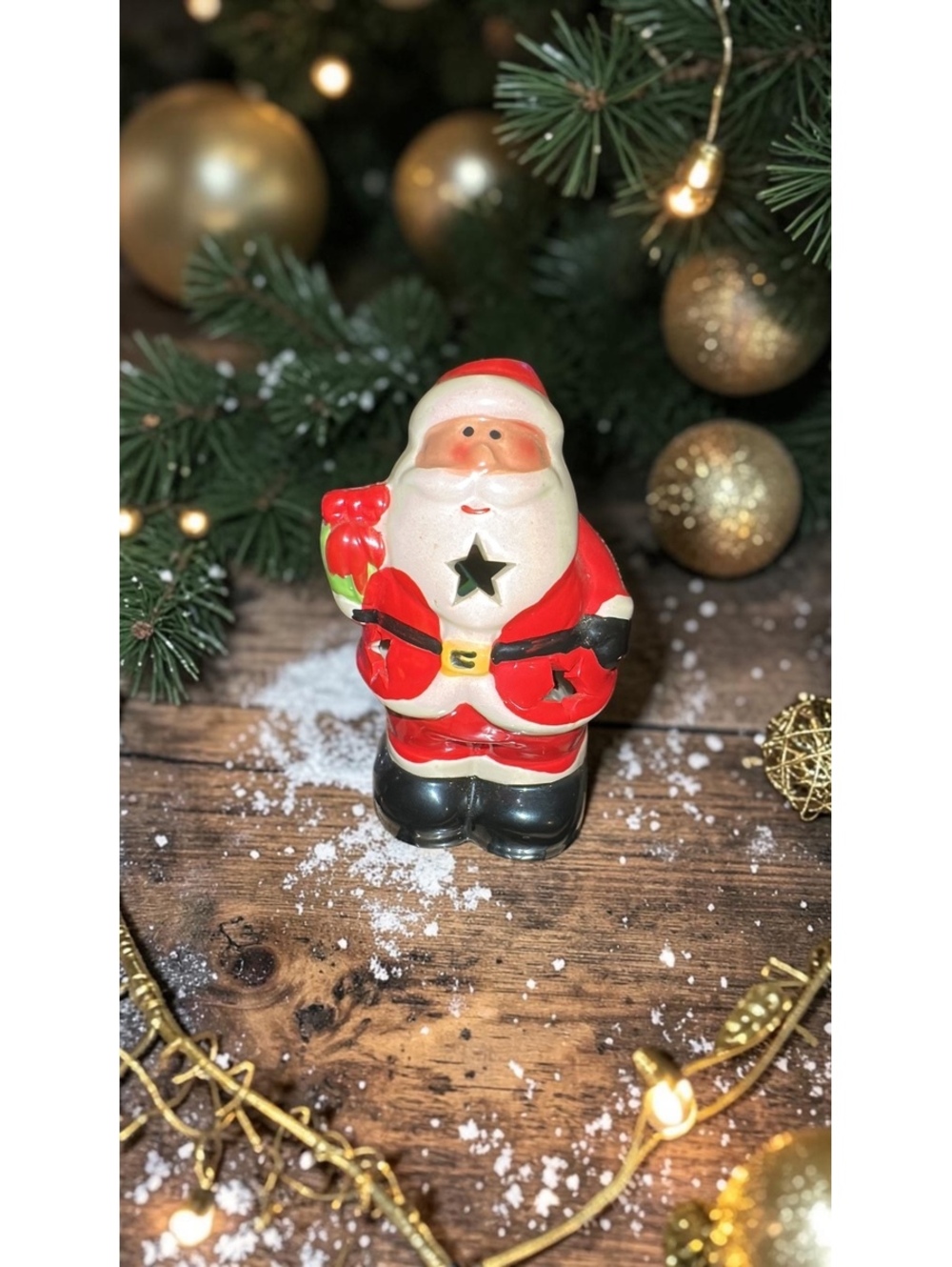 Vintage Ceramic Santa Tea Light Holder Star Cutout Christmas Luminary 4 Inch